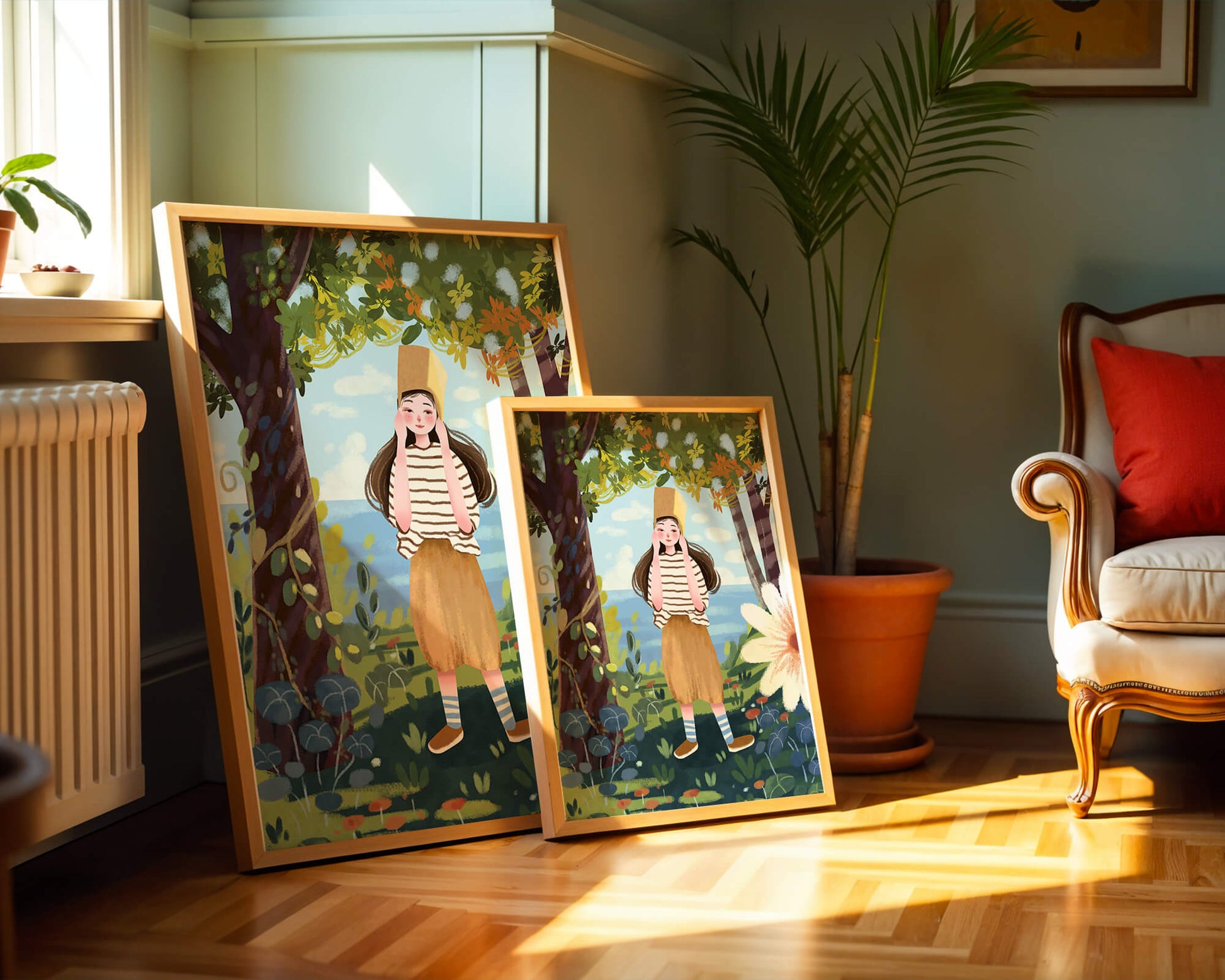 Whimsical Illustration of a Girl in Nature with Golden Hat