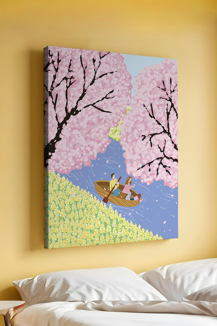 Family Rowing on Serene River with Cherry Blossoms