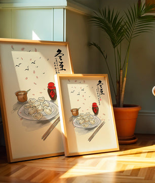 Illustration of dumplings with chopsticks and Asian calligraphy