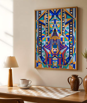 Arte tribal abstracto geométrico con patrones simétricos en azul y naranja
