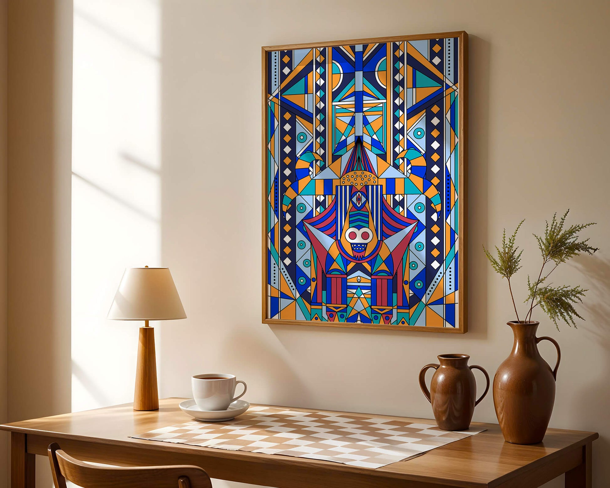 Arte tribal abstracto geométrico con patrones simétricos en azul y naranja
