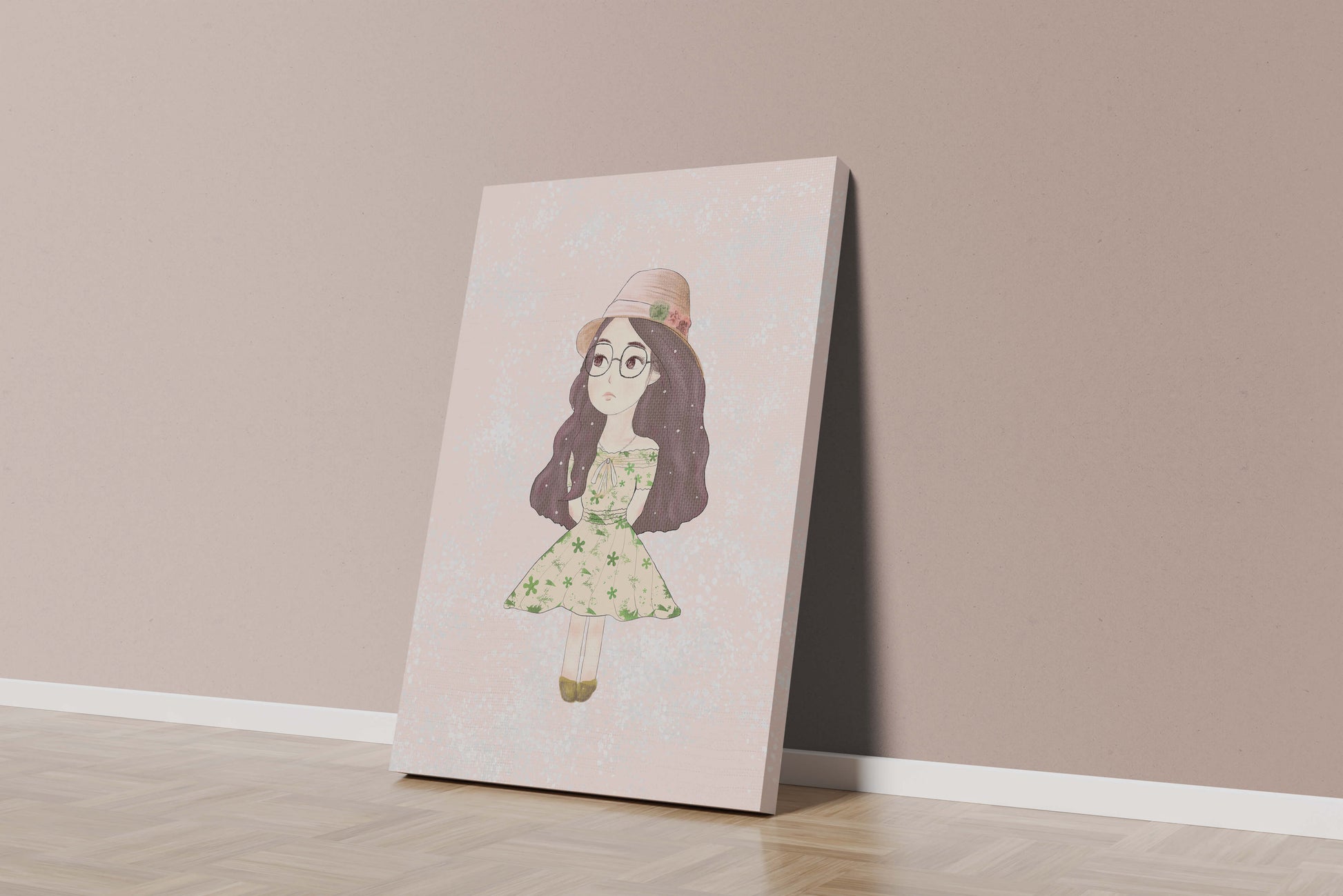 Charming illustration of a girl in a floral dress and hat