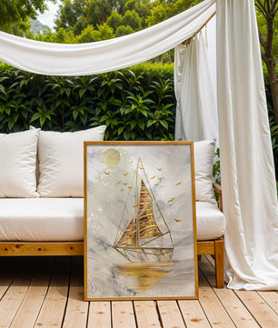 Elegant sailboat with gold elements against a textured sky
