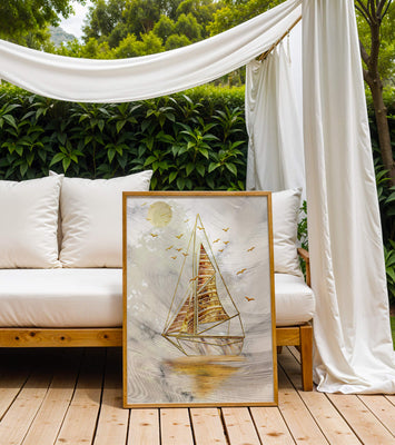Elegant sailboat with gold elements against a textured sky