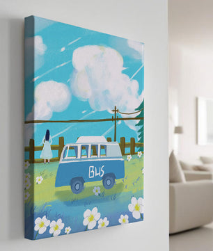 Ilustración escénica con autobús azul y prado en flor