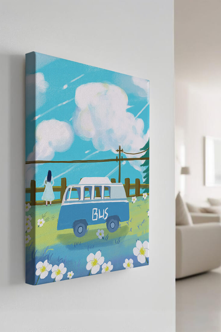 Ilustración escénica con autobús azul y prado en flor