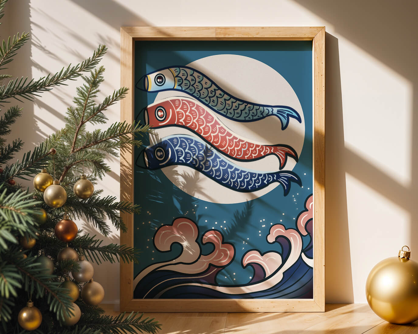Colorful koi fish kites against a full moon with ocean waves