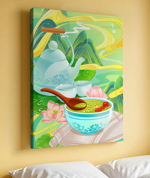 Tea ceremony with teapot and tea bowls amidst nature scenery