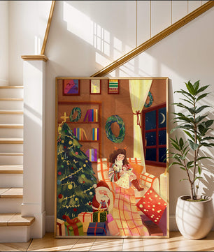 Cozy Christmas scene with tree, gifts, and a child by the window