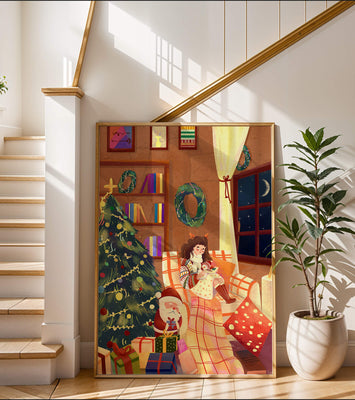 Cozy Christmas scene with tree, gifts, and a child by the window