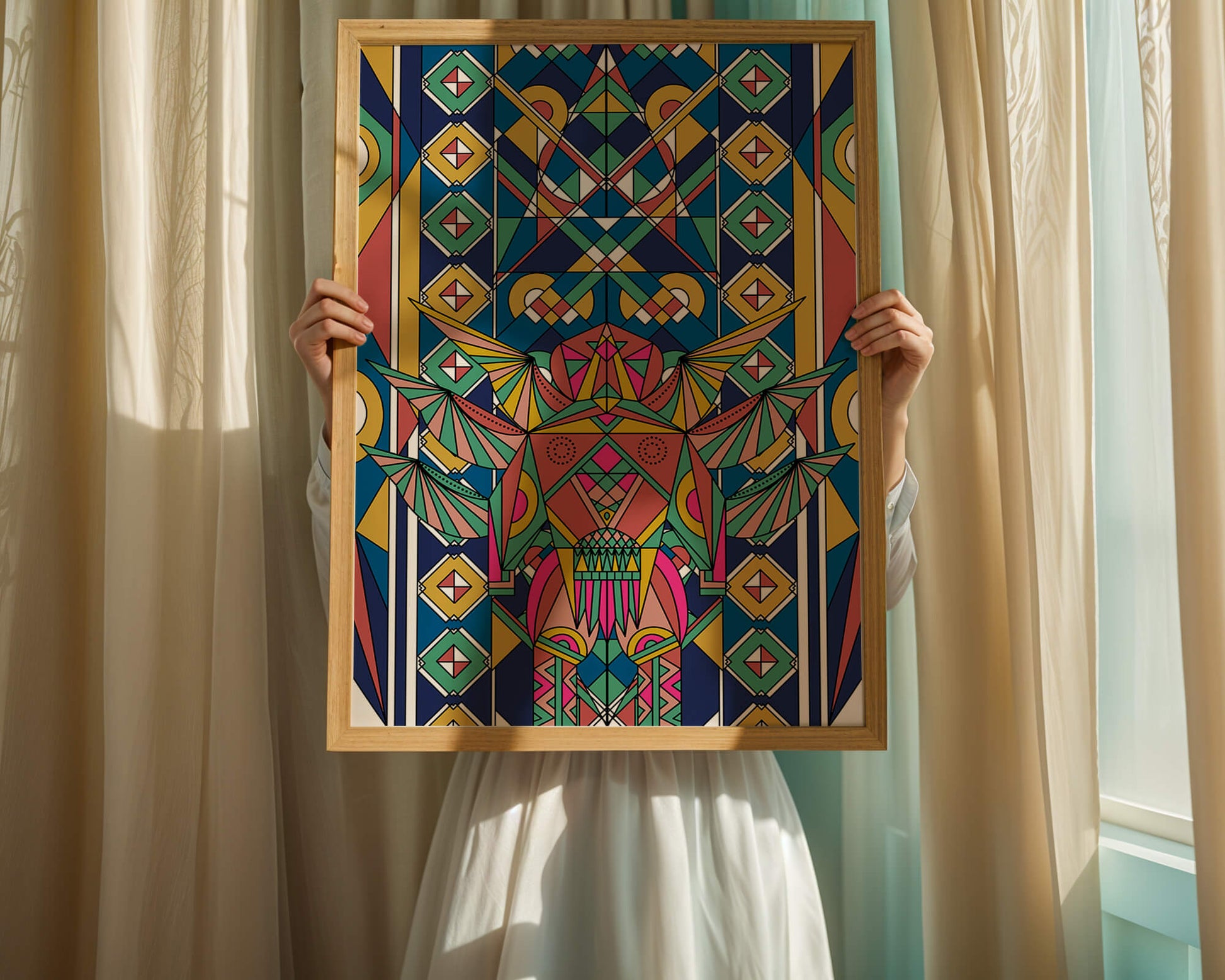 Obra de arte abstracta geométrica colorida con patrones simétricos