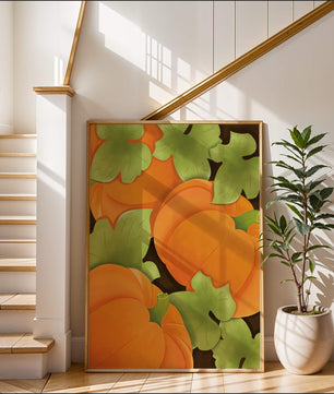 Colorful Pumpkin Pattern With Green Leaves