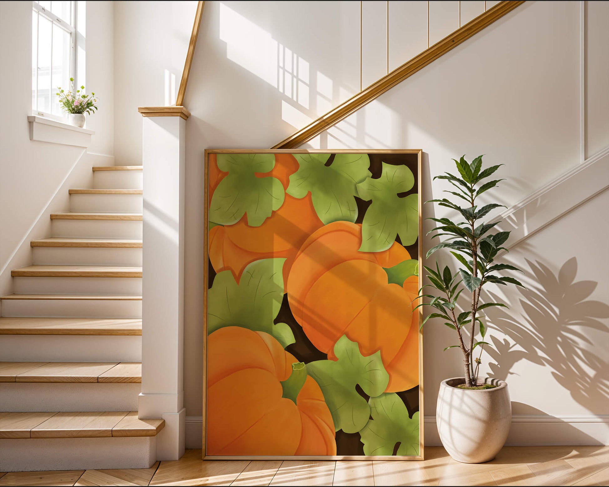 Colorful Pumpkin Pattern With Green Leaves
