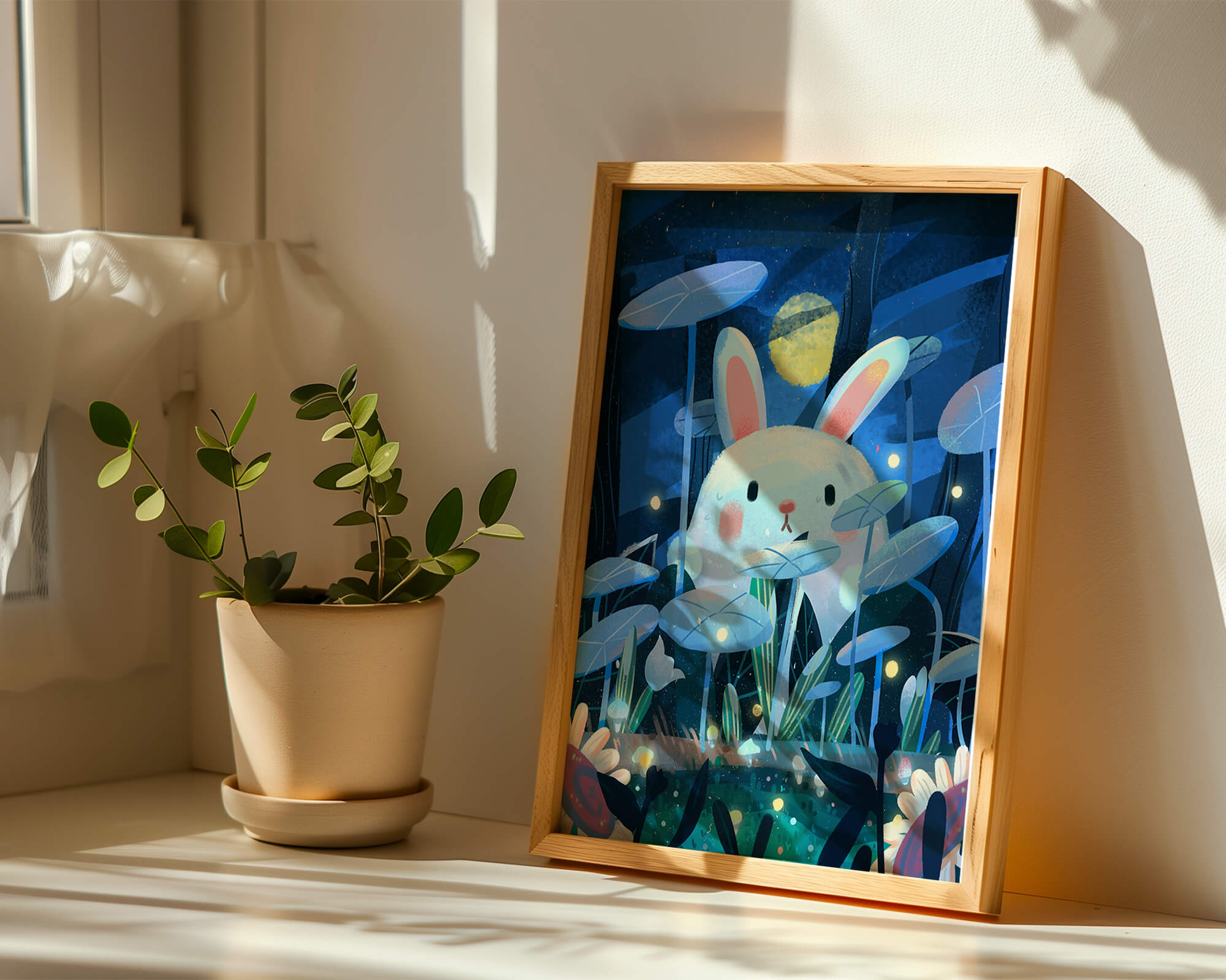 Cute rabbit in a dreamy moonlit forest