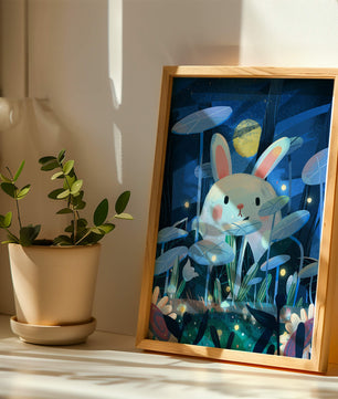 Cute rabbit in a dreamy moonlit forest