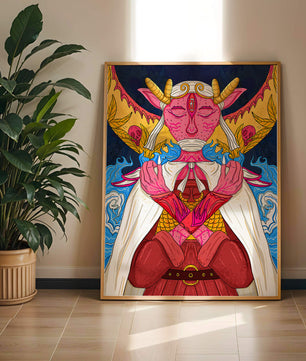 Surreal illustration of a mystical creature with golden horns and vibrant elements