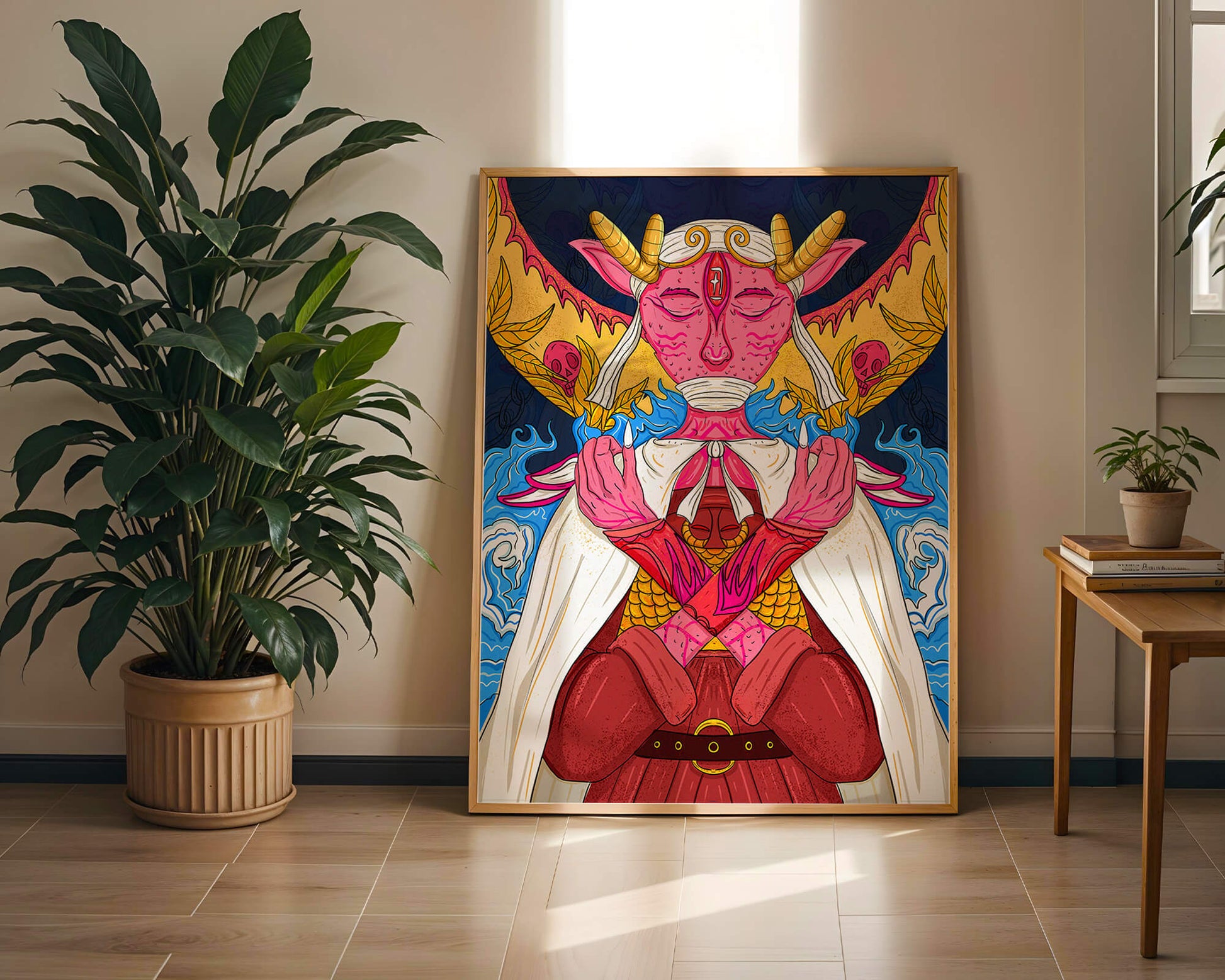 Surreal illustration of a mystical creature with golden horns and vibrant elements