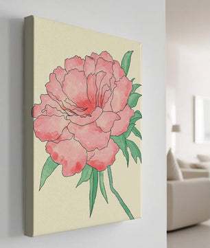 Delicate Pink Peony with Green Leaves Illustration