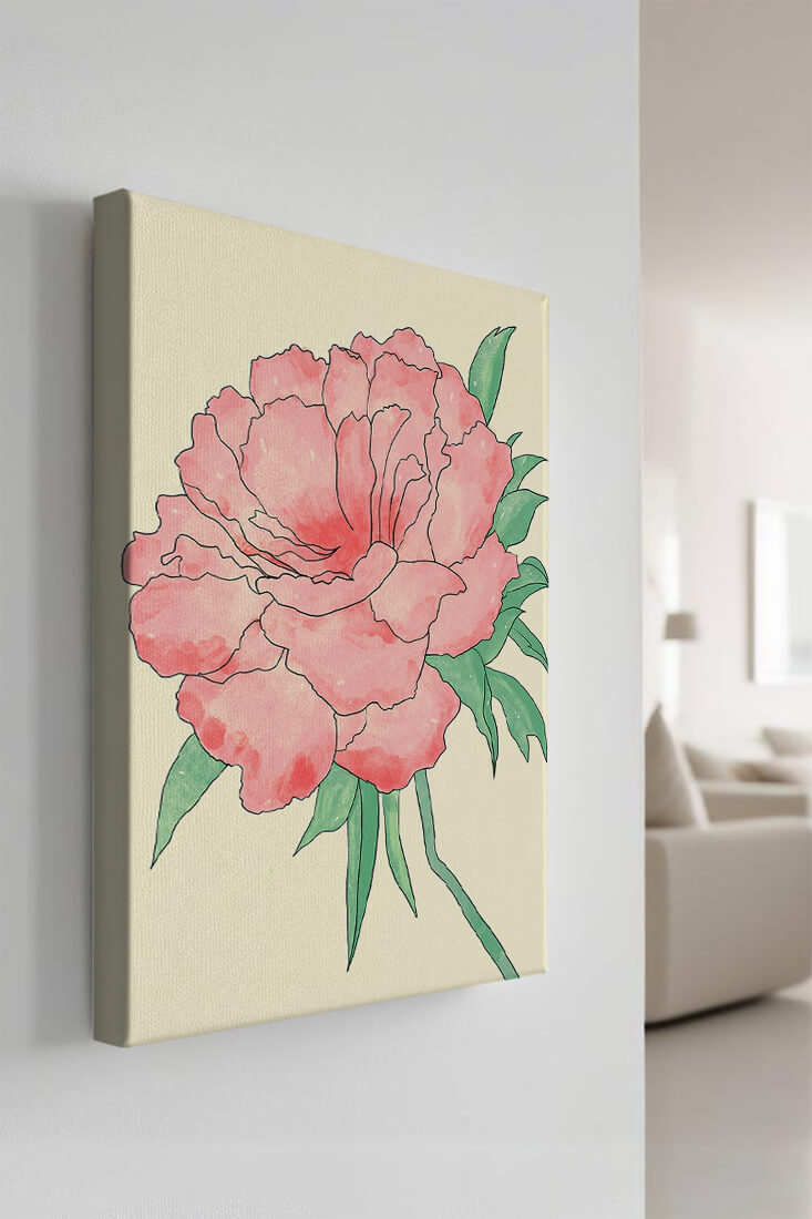 Delicate Pink Peony with Green Leaves Illustration