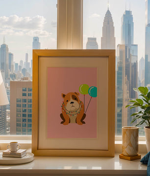 Perro de dibujos animados adorable con luces festivas y globos coloridos sobre fondo rosa