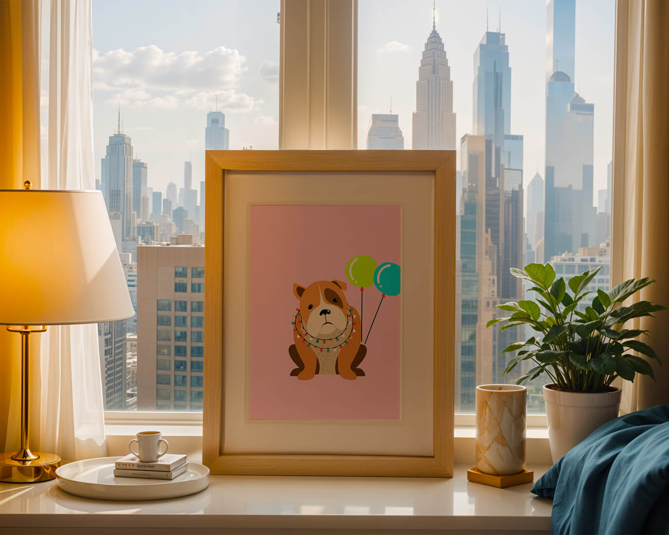 Perro de dibujos animados adorable con luces festivas y globos coloridos sobre fondo rosa