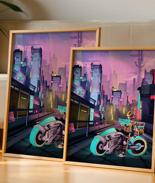 Futuristic Cyberpunk Cityscape with Neon Rider and Motorcycle