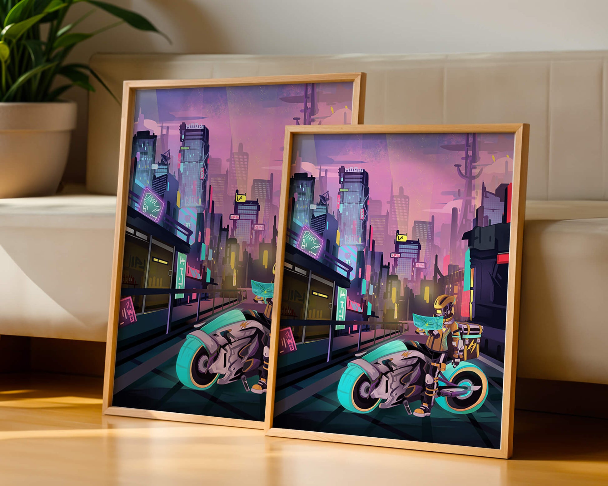 Futuristic Cyberpunk Cityscape with Neon Rider and Motorcycle