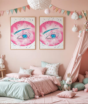 Abstract Eye Illustration with Pink Background and Blue Accents - Mi tienda