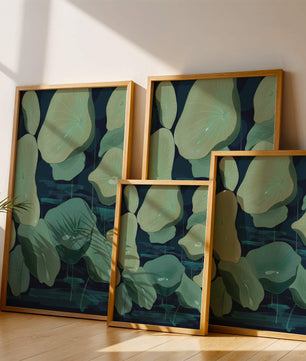 Green lily pads on a dark water background illustration