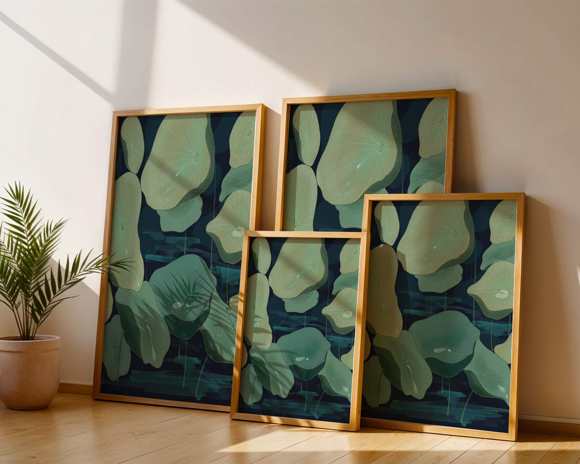 Green lily pads on a dark water background illustration