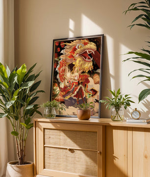 Personnage dynamique avec dragon et lanternes dans une œuvre d'art animée et vibrante