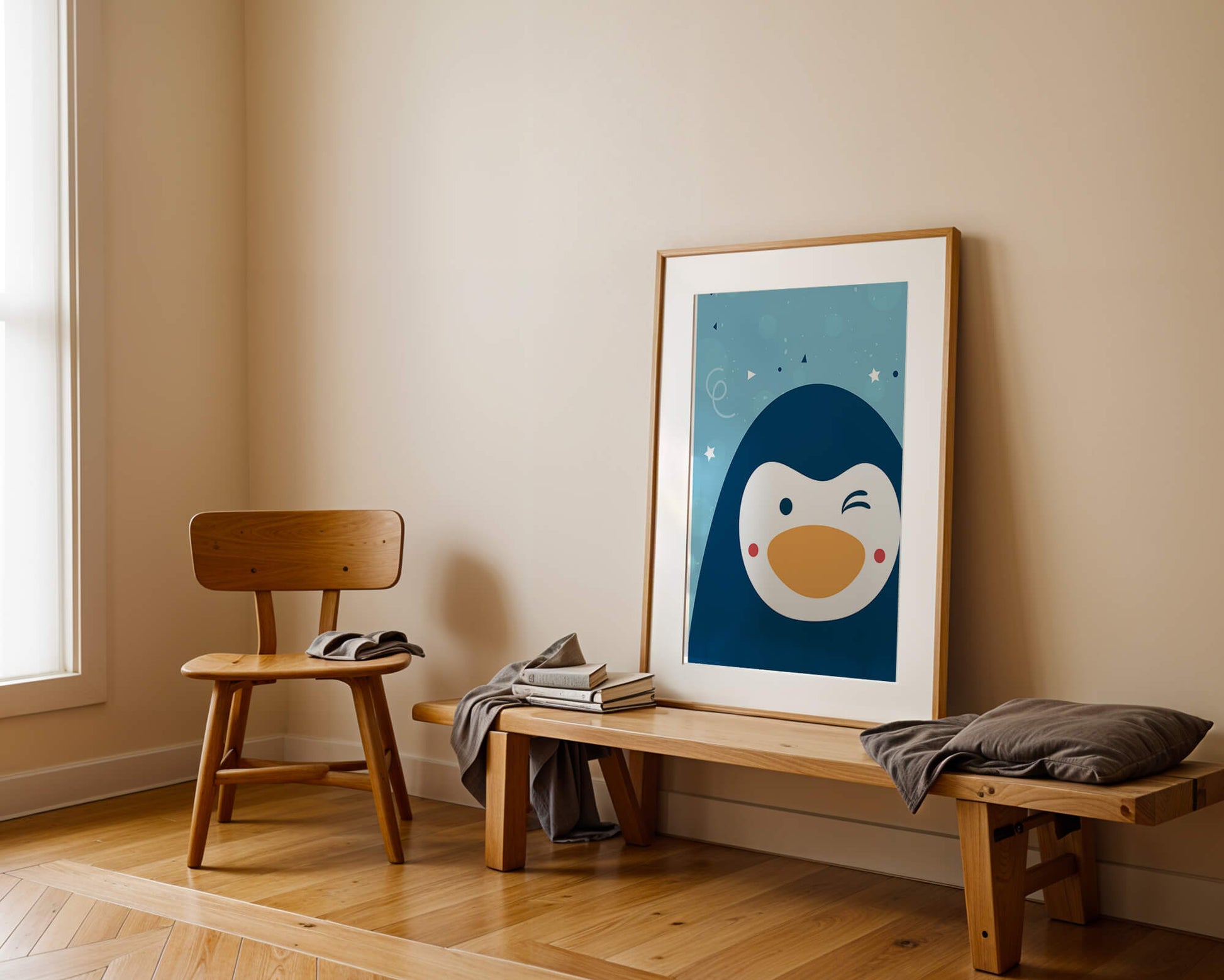 Pingüino de dibujos animados juguetón sobre un fondo azul caprichoso