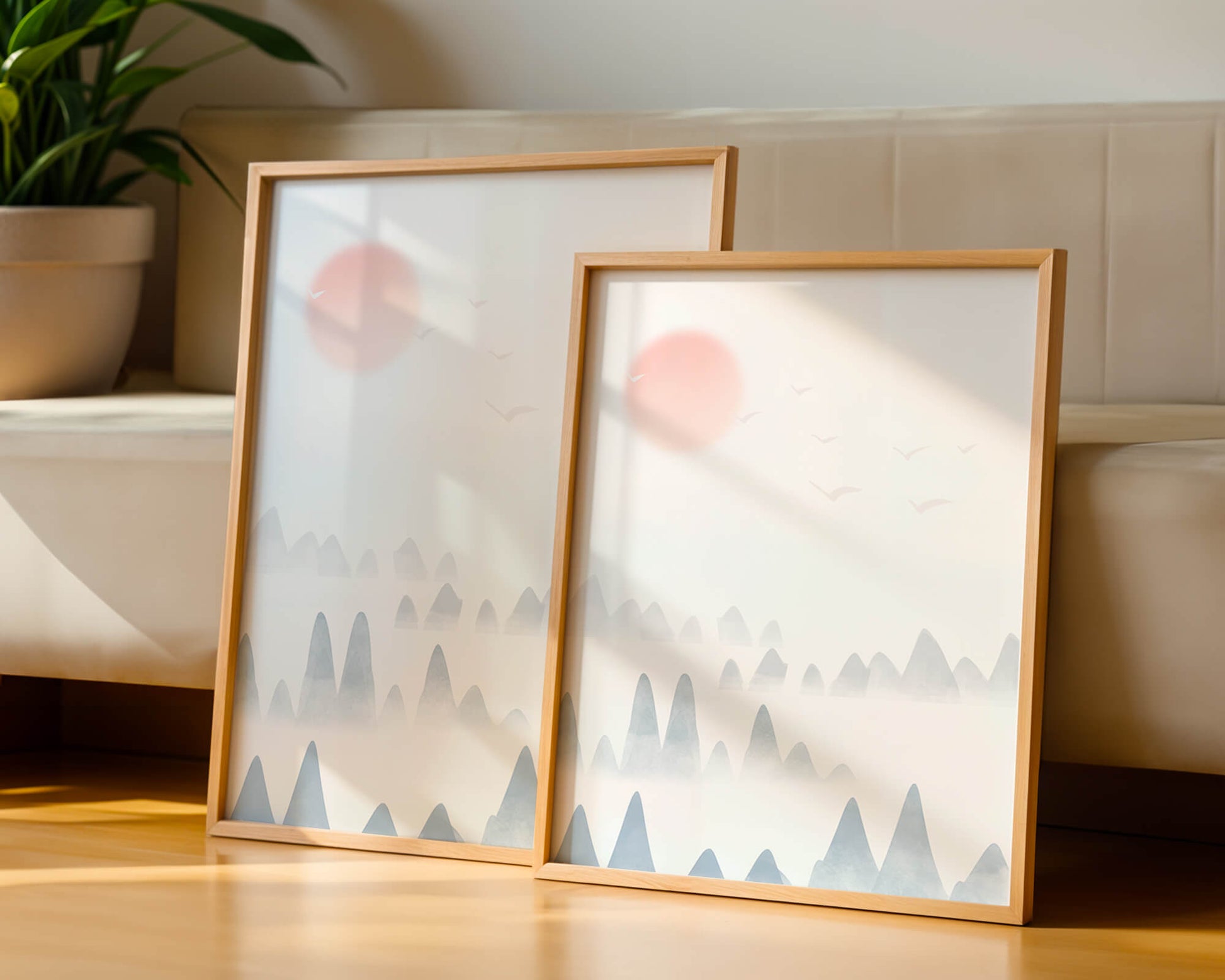 Minimalistic Mountain Landscape with Soft Colors and Birds in the Sky