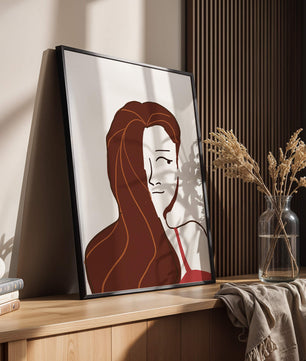 Ilustración estilizada de una mujer con cabello fluyendo y diseño minimalista