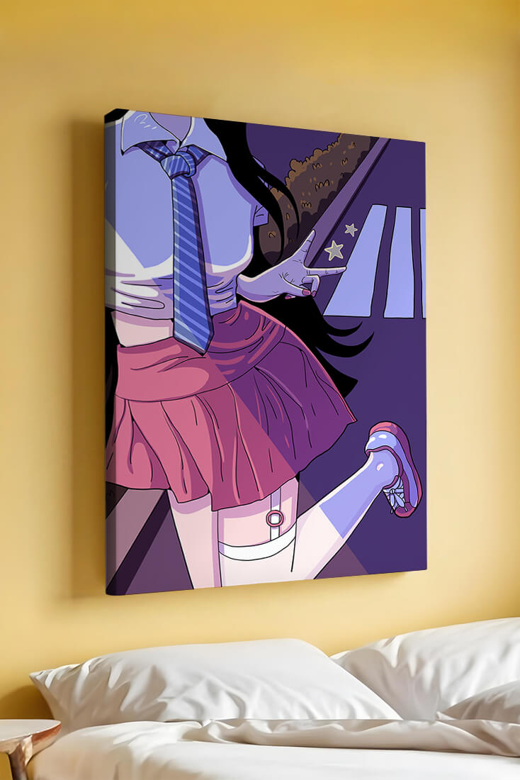Anime style schoolgirl posing with peace sign in vibrant colors