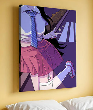 Estilo anime de una escolar posando con el signo de la paz en colores vibrantes