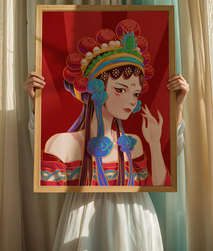 Traditional Asian art depicting stylized woman with ornate headdress