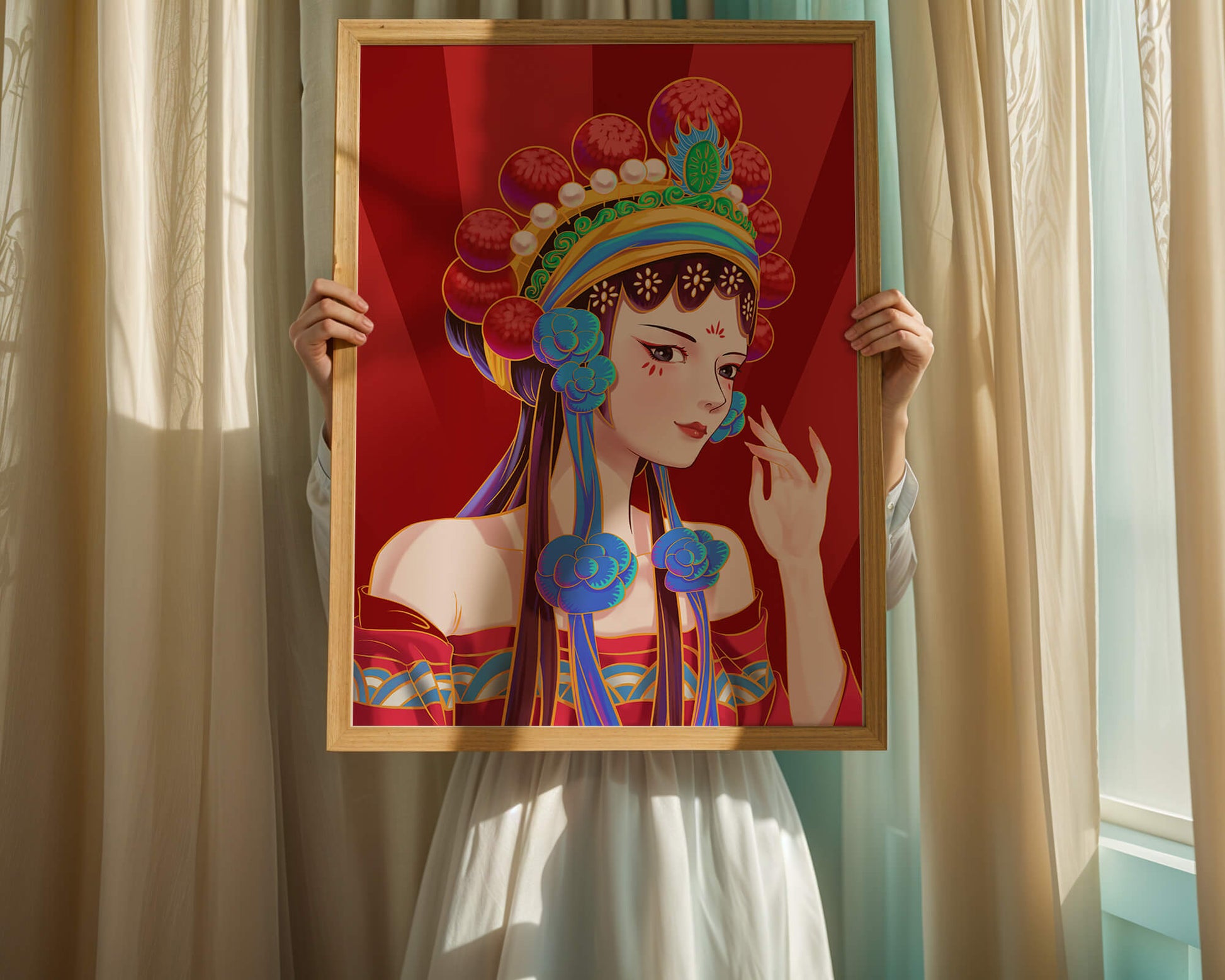 Traditional Asian art depicting stylized woman with ornate headdress