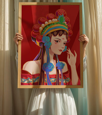 Traditional Asian art depicting stylized woman with ornate headdress