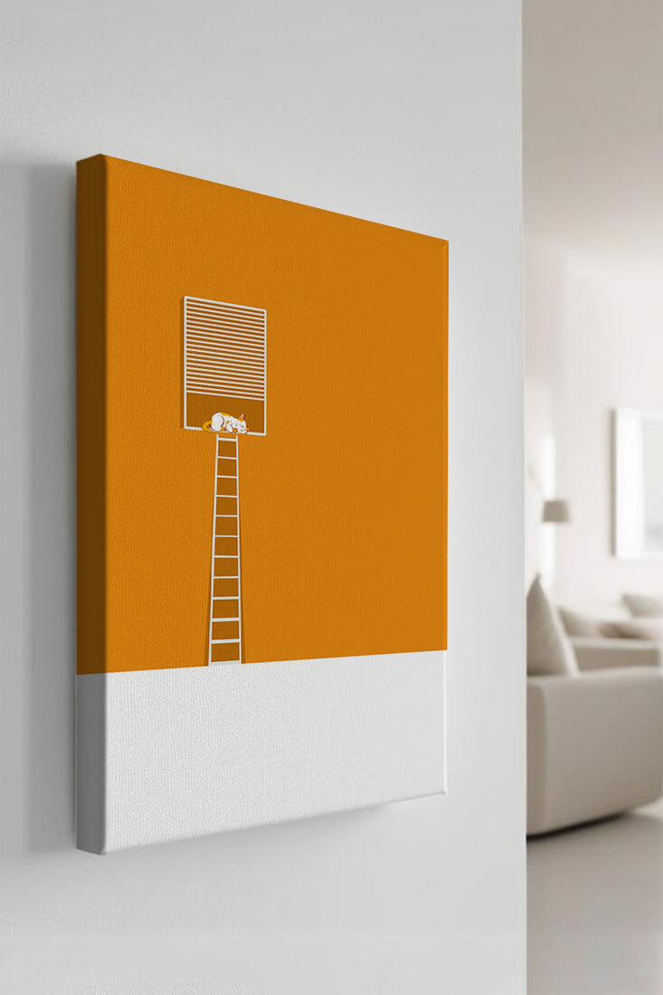 Cat Sleeping on Elevated Platform Against Orange Background