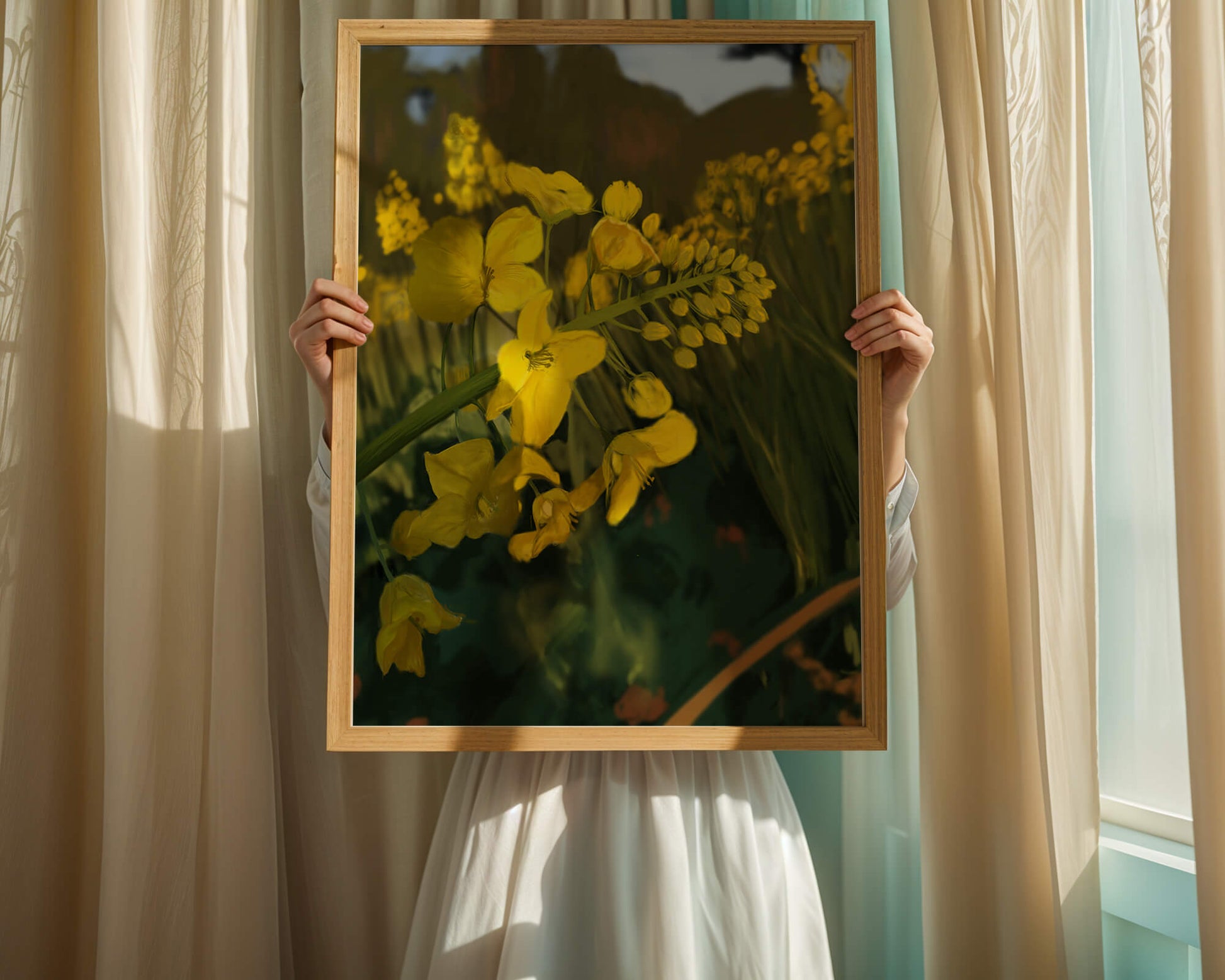 Close-up view of vibrant yellow flowers in a lush green field