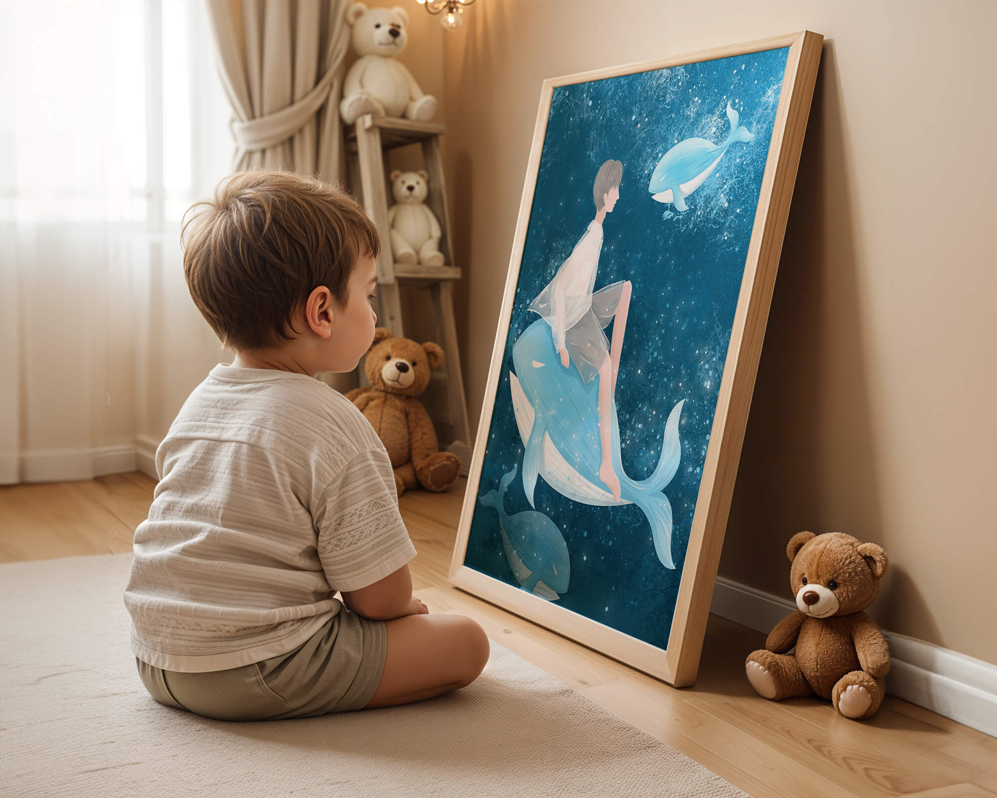 Fantasy illustration of person on blue whale in underwater scene