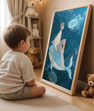 Illustration fantastique d'une personne sur une baleine bleue dans une scène sous-marine