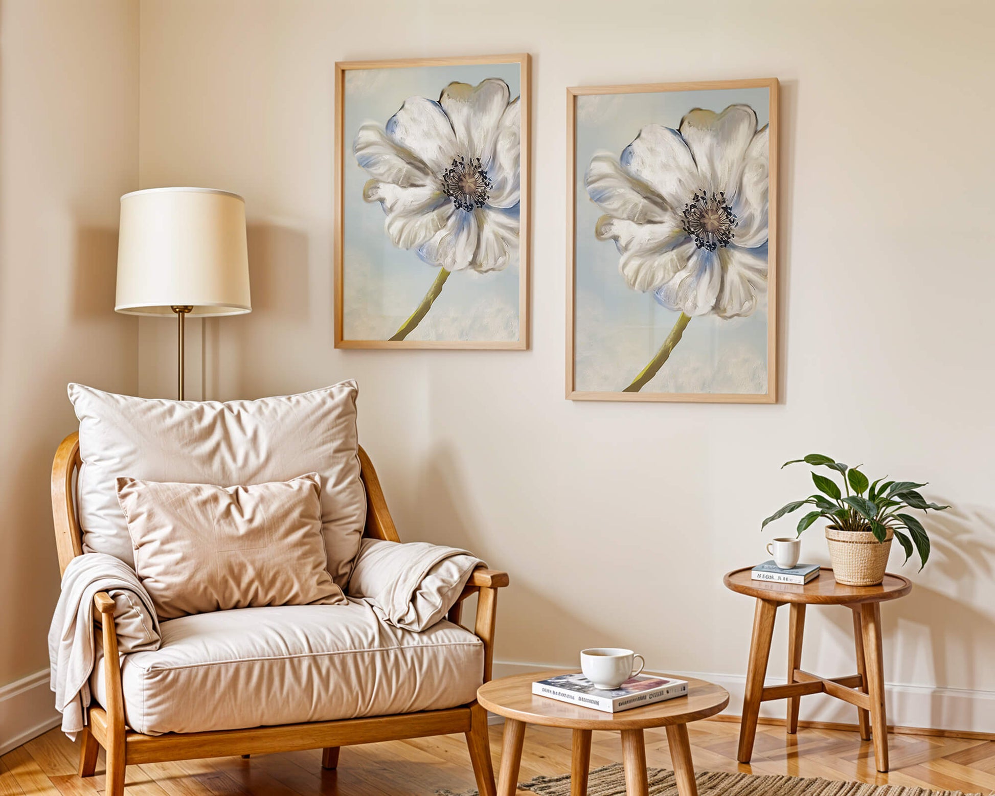 Captivating white flower art with blue hues on a pastel background