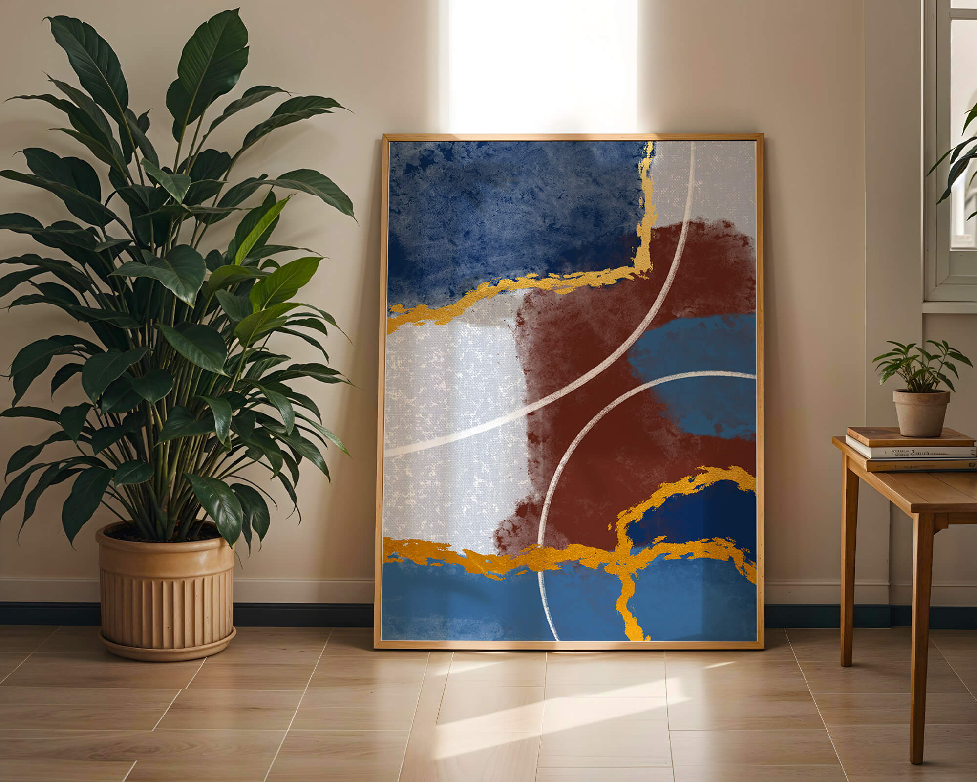 Abstract painting with gold accents and geometric elements