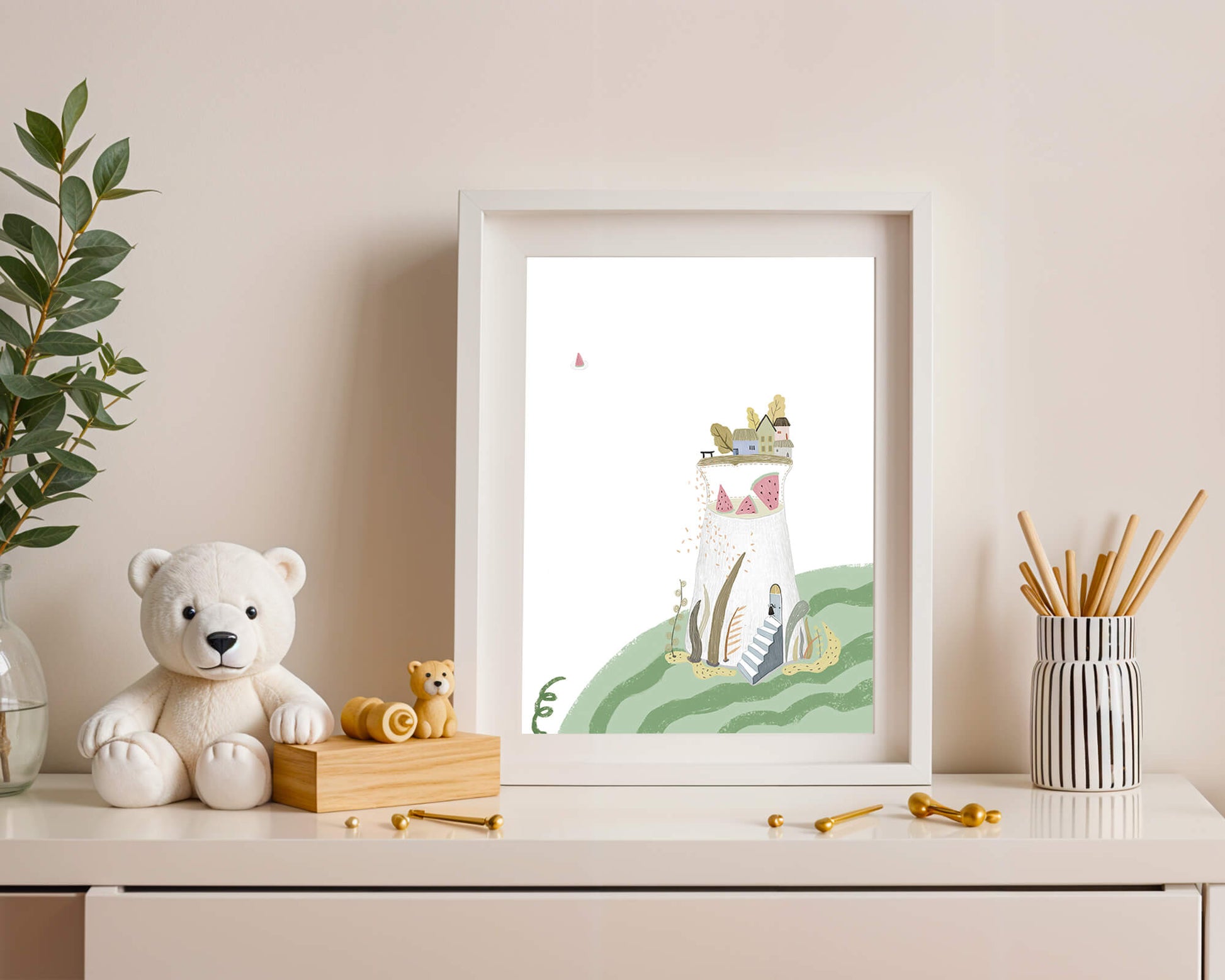 Whimsical Landscape with Fantasy Village and Watermelon Elements