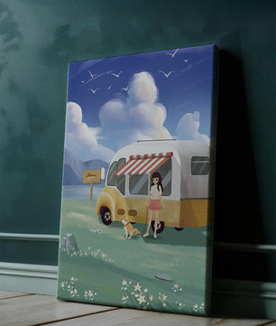 Girl with dog by camper van in serene nature setting