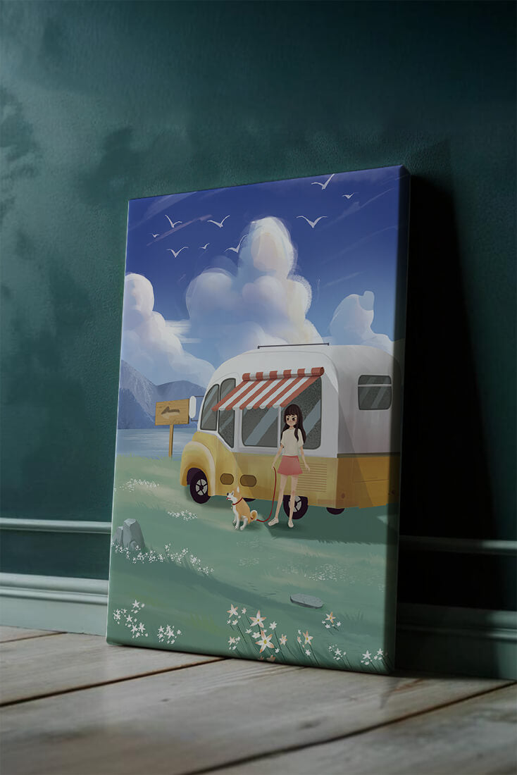 Girl with dog by camper van in serene nature setting