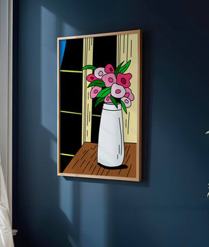 Abstract illustration of flowers in a vase on a wooden table