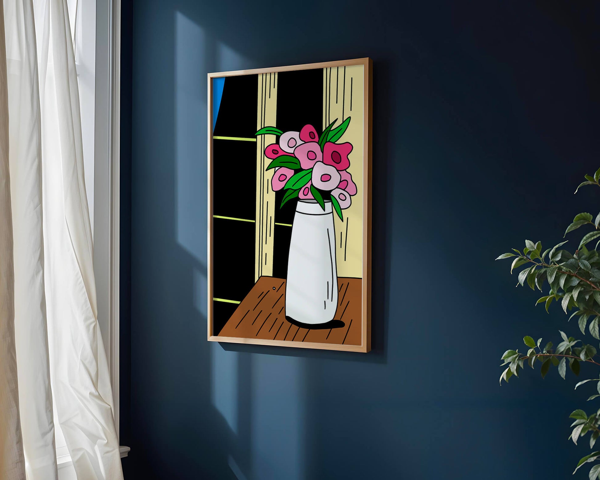 Abstract illustration of flowers in a vase on a wooden table